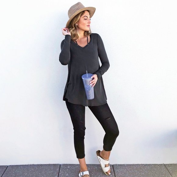 Olive Green Bamboo V Neck Long Sleeve Top - Picture 3 of 6